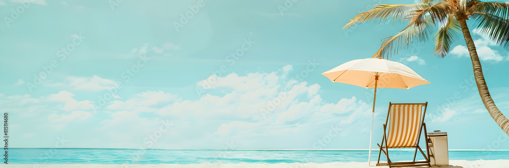 Tropical beach chair with umbrella and cooler web banner. Beach chair with umbrella and cooler isolated on tropical background with copy space.