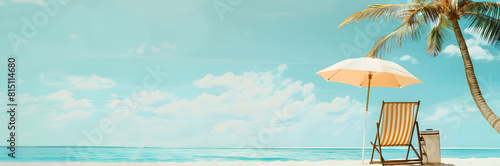 Tropical beach chair with umbrella and cooler web banner. Beach chair with umbrella and cooler isolated on tropical background with copy space.