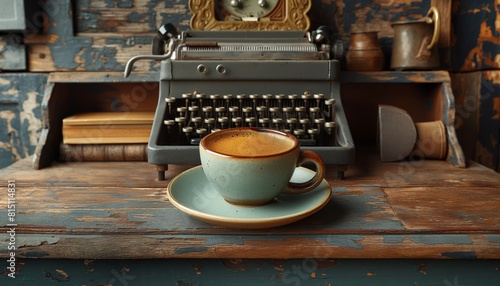 Vintage typewriter with steaming cup of coffee photo