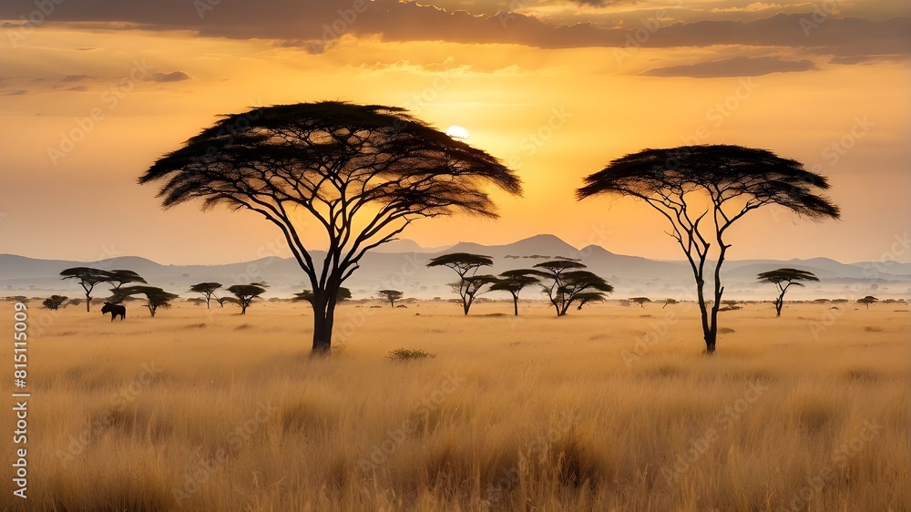 The Serengeti stretches endlessly, a golden sea of grass that undulates with the gentle breeze. Acacia trees stand sentinel-like in the distance, their silhouettes etched against the colorful canvas o