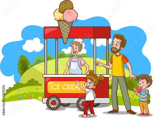 Families buying ice cream in the park buy the ice cream sold on the truck © serkan