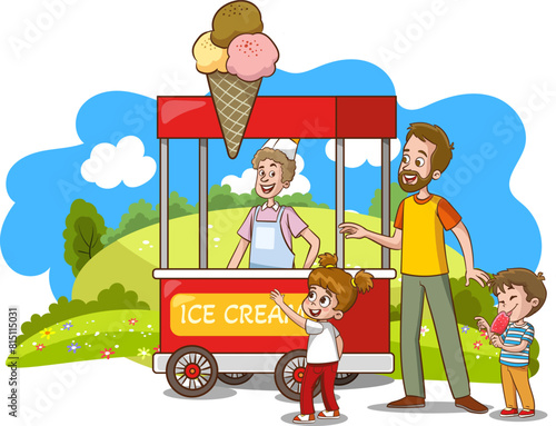 Families buying ice cream in the park buy the ice cream sold on the truck