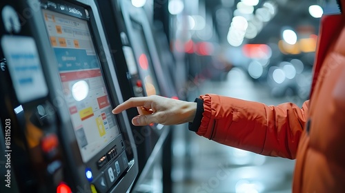 Modern Urban Mobility Man Using Interactive Parking Kiosk for Payment and Location photo