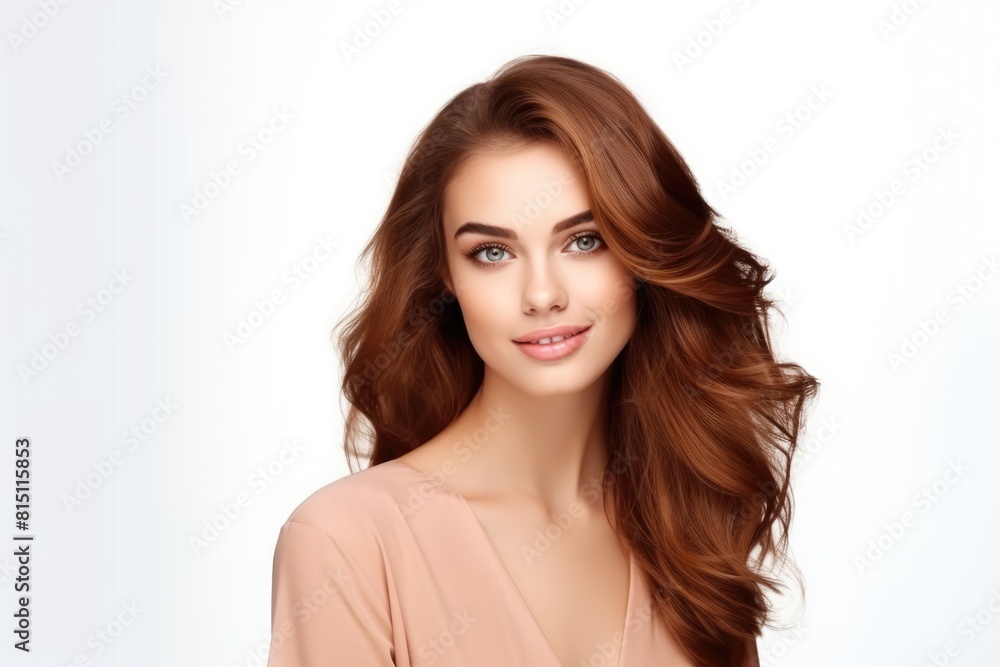 Portrait of a beautiful woman with voluminous, wavy brown hair and blue eyes, with a warm, friendly smile. Elegant Woman with Luxurious Wavy Hair Portrait of a beautiful woman with voluminous, wavy brown hair and blue eyes, with a warm, friendly smile. Elegant Woman with Luxurious Wavy Hair
