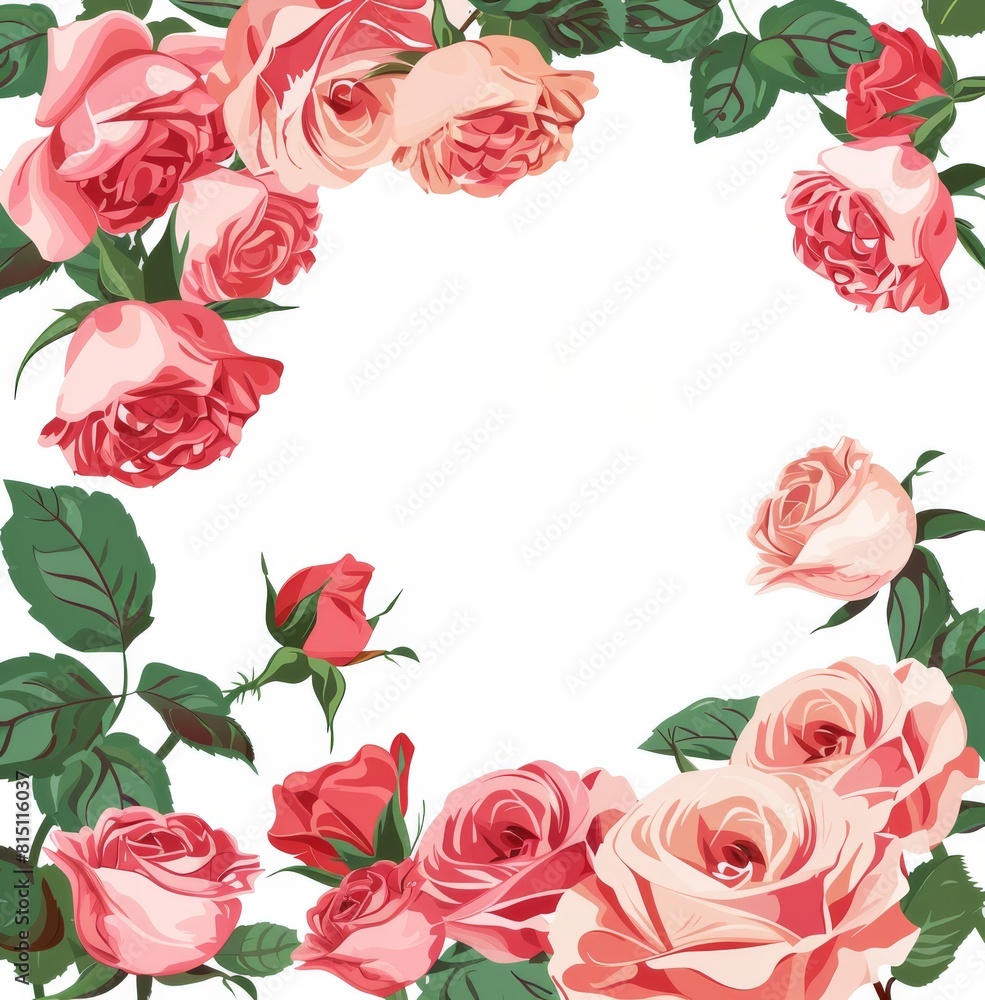 Elegant pink and red roses frame the white background Elegant pink and red roses frame the white background