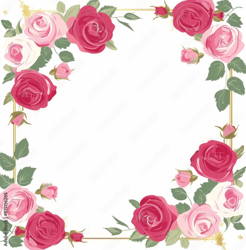 Elegant pink and red roses frame the white background 