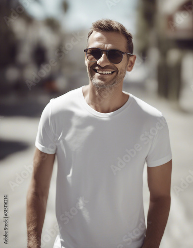 Portrait of happy man in white t-shirt and wearing sunglasses, isolated on white background 