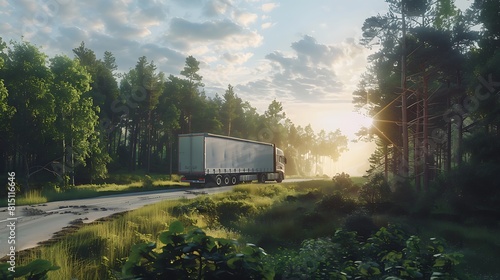 A robust cargo semi truck rolling through a tranquil forest landscape, its trailer packed with merchandise destined for delivery across the countryside photo