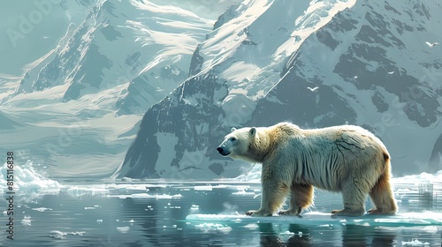 Polar Bear Stands Vigilant on Isolated Ice Floe Scanning for Seals photo