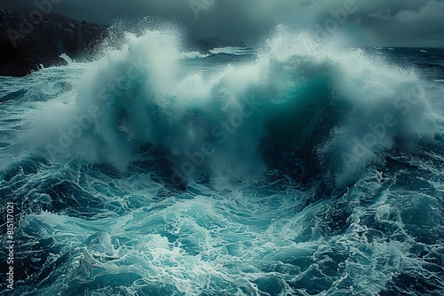 Powerful Ocean Waves Crashing Against Rocky Shore A Stunning Display of Natures Force and Beauty photo