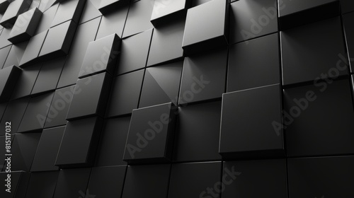 Black triangular tiles wall, modern 3d block background, futuristic interior design element
