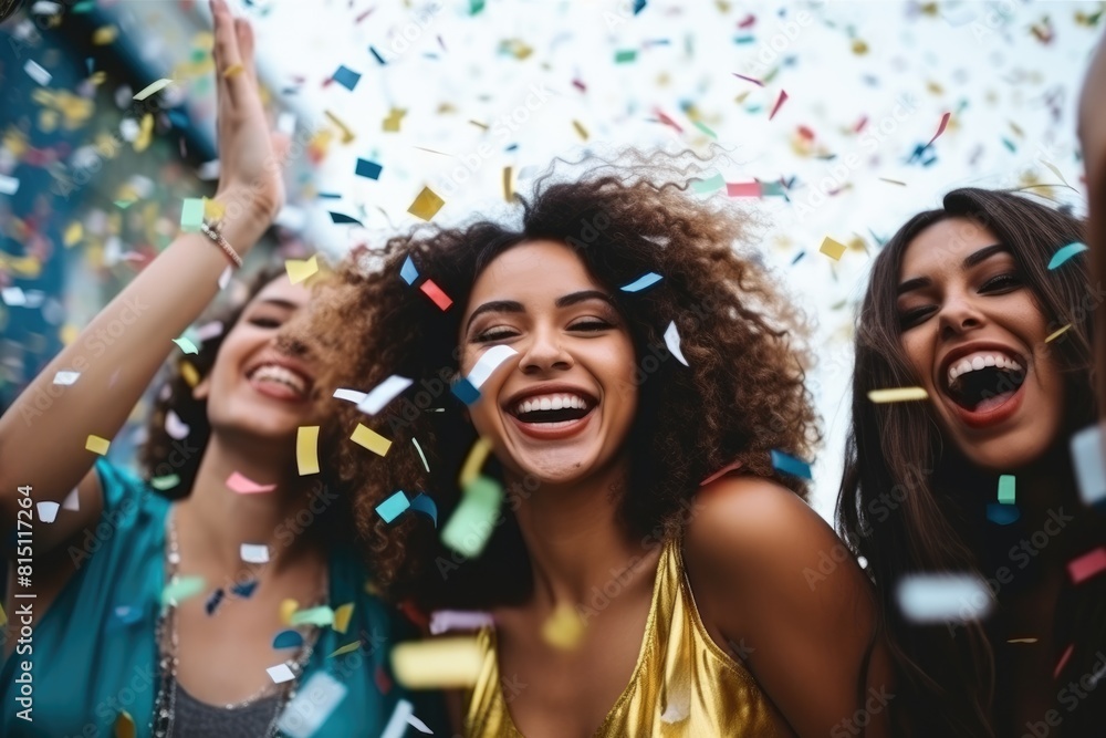 Three happy women celebrating with vibrant confetti, sharing a moment of joy and friendship. Joyful Celebration with Friends and Confetti Three happy women celebrating with vibrant confetti, sharing a moment of joy and friendship. Joyful Celebration with Friends and Confetti