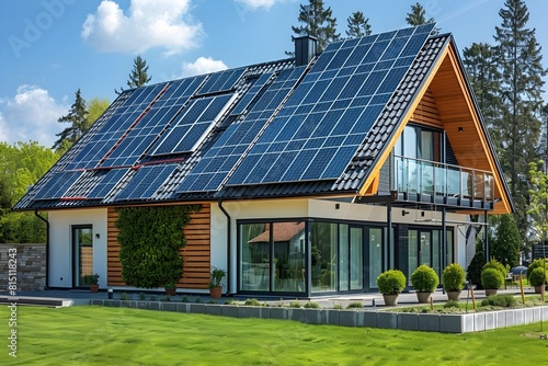 Renewable Energy Technicians Install Solar Panels on Modern Residential Roof © kiatipol