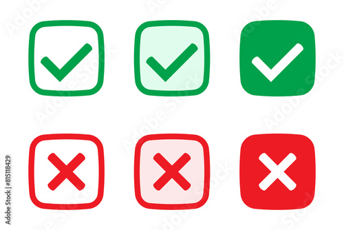 Right or wrong icons. Green tick and red cross checkmarks. Yes or no symbol, approved or rejected icon for user interface.