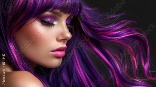 Closeup of a model with striking purple hair and bold makeup