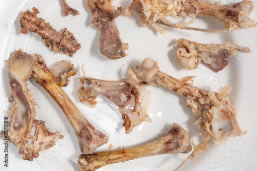 Food scraps. Chicken bones on white plate.