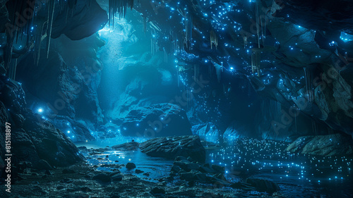 A surreal underwater cavern illuminated by bioluminescent organisms  casting a mystical blue light over the subterranean landscape.