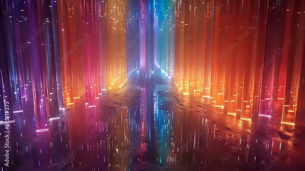 Iridescent Grid: Abstract Landscape of Illuminated Prism Columns