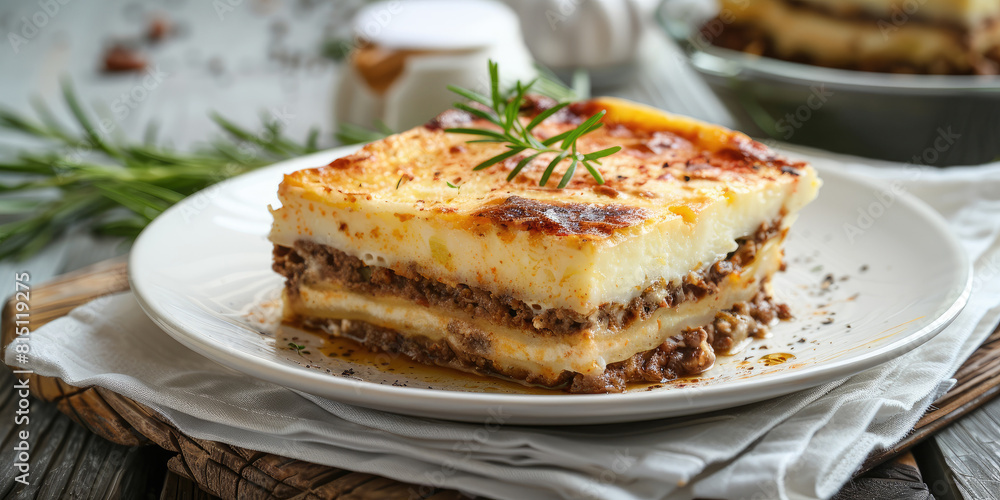 Moussaka on a white wooden table, Layers of potato and lamb, mediterranean flavors, cafe or homely background Moussaka on a white wooden table, Layers of potato and lamb, mediterranean flavors, cafe or homely background