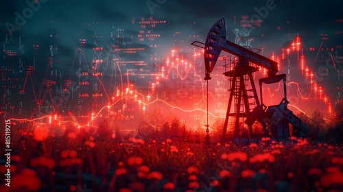 Silhouetted Oil Pump Jack Against a Night Sky Illuminated by Glowing Financial Forecasts
