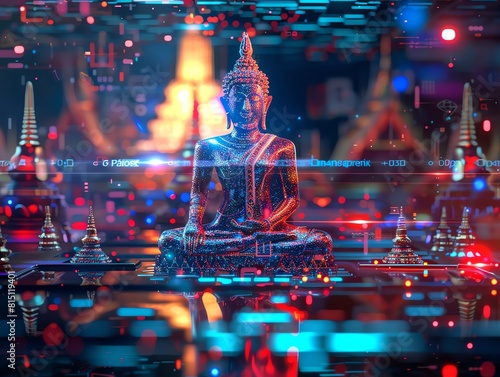 Futuristic 3D flag of Thailand  incorporating digital Buddhist symbols and tech innovation themes
