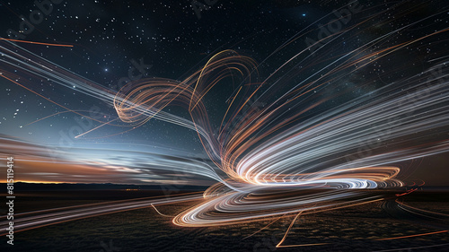 Abstract lines of light painting streaks across the night sky, capturing the movement of stars and celestial bodies in a mesmerizing cosmic display.