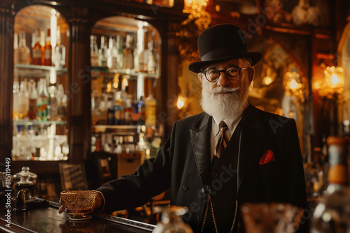A man in a hat and glasses stands behind a bar