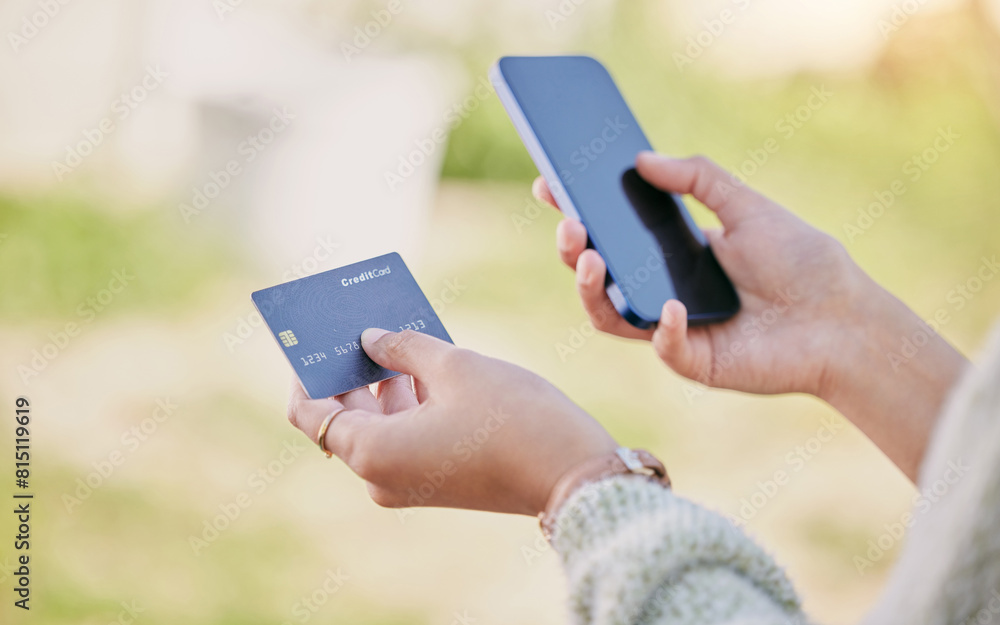 Smartphone, credit card and ecommerce for shopping, hands and internet for payment. Online, technology and smartphone for person and digital app, buying and banking or fintech or retail transaction