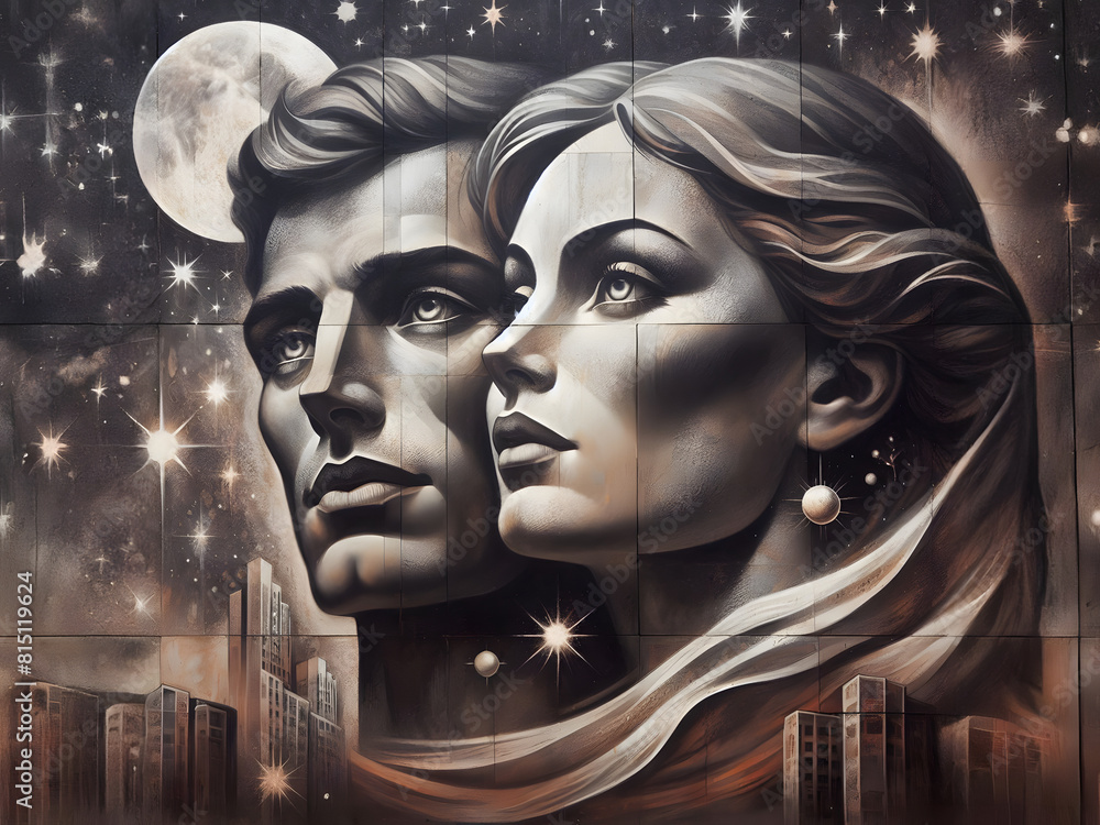 Epic, brutalist illustration of a man and woman looking to the side Epic, brutalist illustration of a man and woman looking to the side