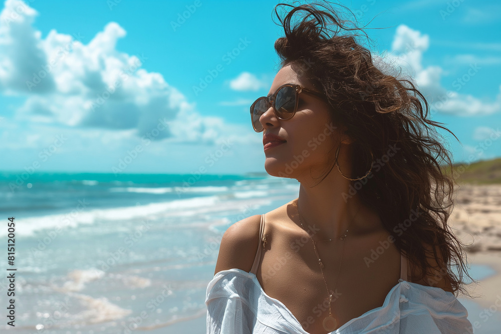 A woman with long hair is standing on a beach, wearing sunglasses A woman with long hair is standing on a beach, wearing sunglasses