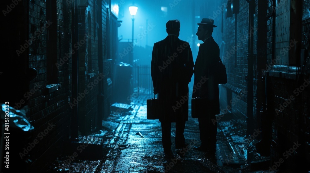 Silhouetted figures exchanging briefcases on a foggy, dimly lit street at night