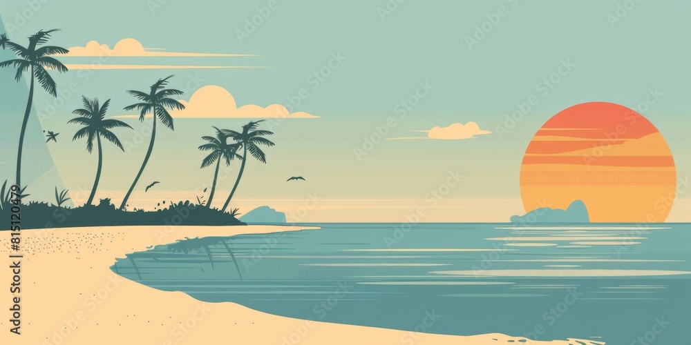 Vintage retro illustration of a summer landscape with a beach and sea, in a vintage poster style with simple shapes and lines Generative AI