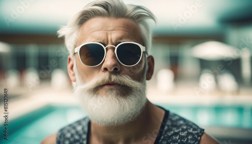 Portrait of a middle age man with white beard and sunglasses at swimming pool 