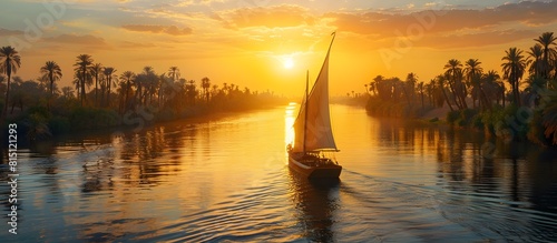 Traditional Felucca Sailing on the Nile at Sunset Golden Hour photo