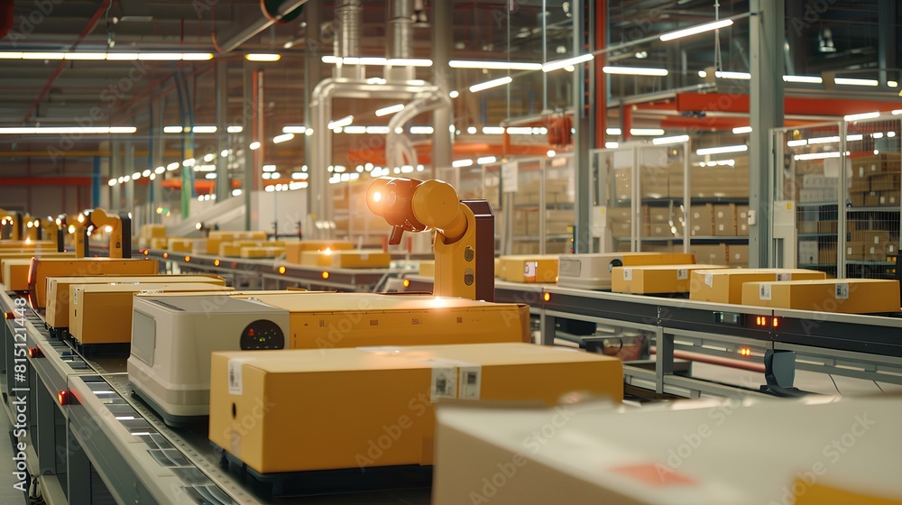 Naklejka premium Automated conveyor belt system in a modern warehouse or distribution center.