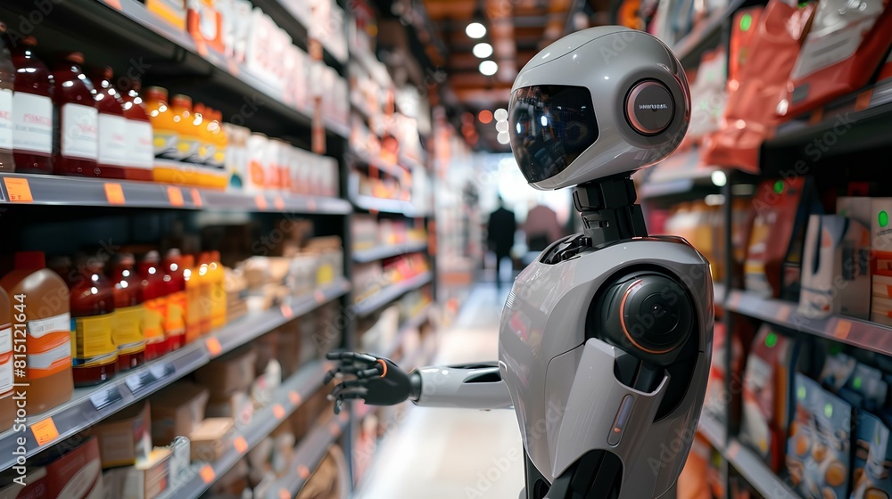 The robot is walking down the grocery store aisle, looking at the shelves. The robot is walking down the grocery store aisle, looking at the shelves.