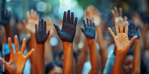 People unite against racism raising black hands in powerful protest for equality. Concept Racial Equality, Protest, Unity, Black Lives Matter, Activism