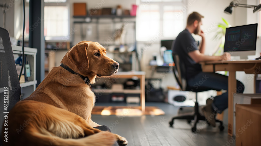 Big dog lay on chair in office with people working in background, pet friendly workspace, copy space Big dog lay on chair in office with people working in background, pet friendly workspace, copy space