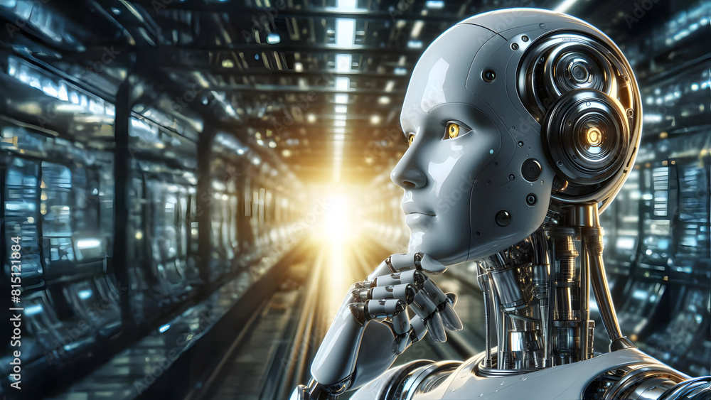 Humanoid robot in thoughtful pose on an out of focus technological background Humanoid robot in thoughtful pose on an out of focus technological background