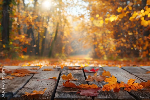 The empty wooden table top with blur background of autumn. Copy space