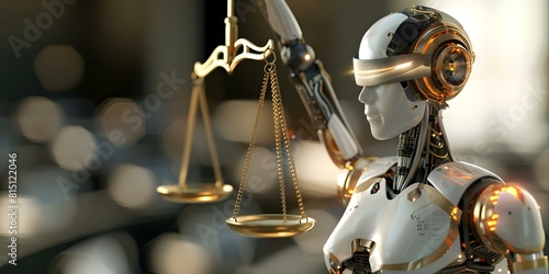 AI robot symbolizing impartiality and fairness in legal regulation. Concept Robot Symbolism, Impartiality, Fairness, Legal Regulation, AI photo