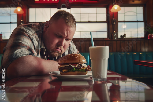 Lonely overweight obese man eating an unhealthy hamburger and drinking a milkshake in a diner restaurant photo