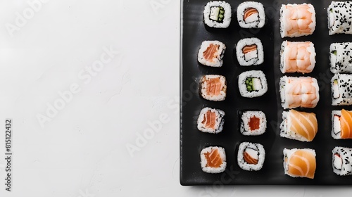 Assorted Sushi Rolls on Black Plate, Overhead View, Fresh Japanese Cuisine, Minimalistic Presentation, Ideal for Food Blogs and Marketing, Copyspace for Text