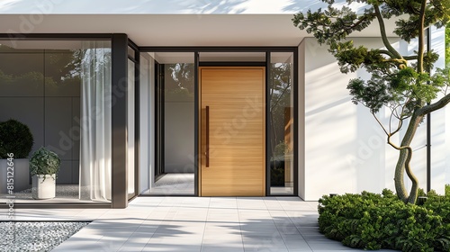 Elegant modern entrance with a simple wooden front door, surrounded by glass windows and minimalistic decor, 3D render