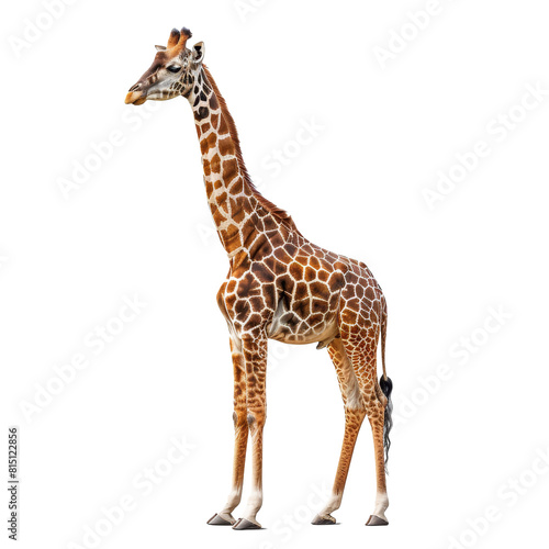 A giraffe standing on a Png background  showcasing its long neck and distinctive spots  a giraffe isolated on transparent background
