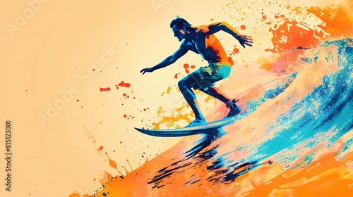 Illustration of a surfing man, dynamic lines and intense colors