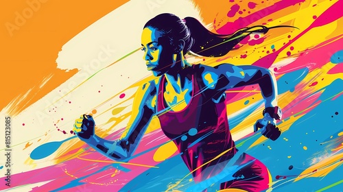 Illustration of a woman running in a competition, dynamic shapes and intense colors