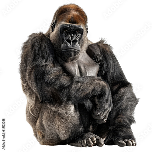 A gorilla is sitting in front of a plain white backdrop, a gorilla isolated on transparent background
