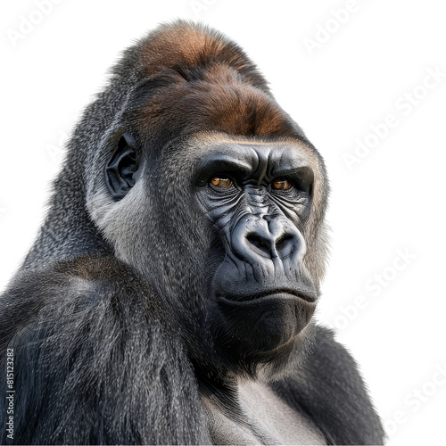 A detailed view of a gorilla in front of a plain white backdrop, a gorilla isolated on transparent background