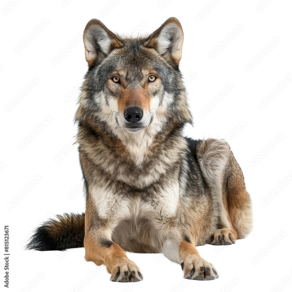 Fototapeta premium A gray wolf sits down in front of a Png background, a gray wolf isolated on transparent background